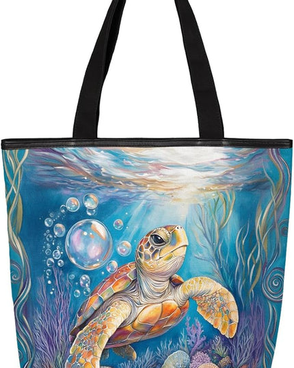Pardick Canvas Tote Bags, Ocean Turtle Tote Bag Eco Friendly Reusable Grocery Shopping Bagsfor Beach, Books, Women with Zipper Inner Pocket