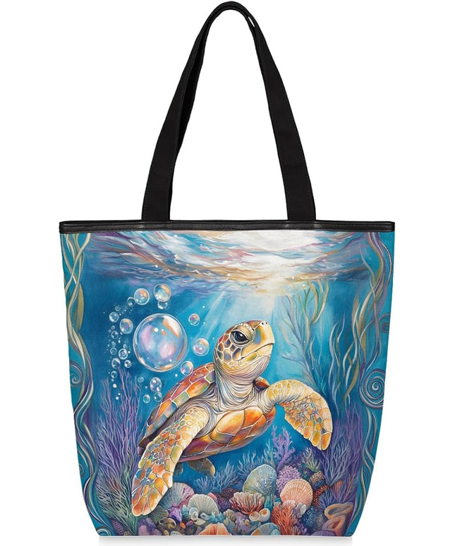 Pardick Canvas Tote Bags, Ocean Turtle Tote Bag Eco Friendly Reusable Grocery Shopping Bagsfor Beach, Books, Women with Zipper Inner Pocket