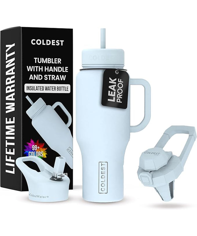 Coldest Tumbler with Handle and Straw - 100% Leak Proof Insulated Tumbler with Lid and Straw (3 Lids) - Stainless Steel Tumblers for Women & Men - Cup Holder Friendly Base, 36 oz (Morning Mist)