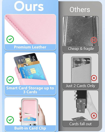SS Phone Wallet Stick On - Leather Safe Card Holder for iPhone and Samsung Case, Minimalist Double Pocket Back of Cell Phone, Compatible With iPhone 16/15/14/13/12 Series, Pink White (2 Pack)