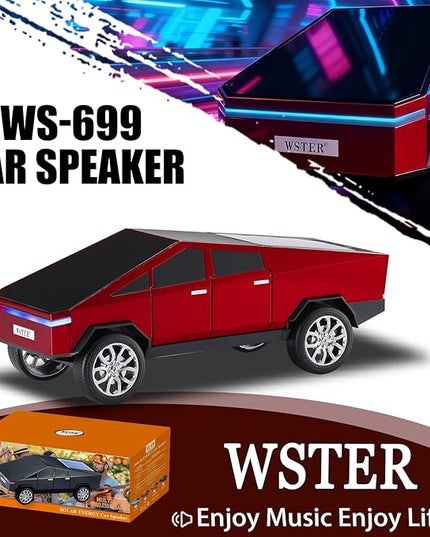 WS-699 Solar Bluetooth Replica Speaker – Future Pickup Truck Design, HD Sound, TWS Stereo Pairing, FM Radio, LED Party Light, USB/TF Playback, Hands-Free Mic, Type-C Charging, Portable Gift (Red)