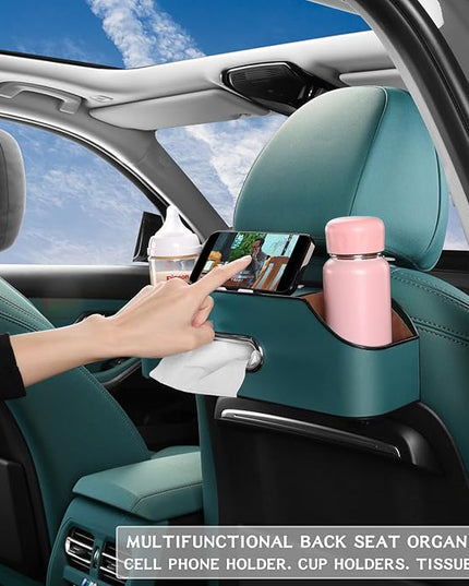 Car Seat Back Organizer - Stylish & Functional Storage for Family Adventures - Cup Holders, Tissue Box & Hooks - Perfect for Kids, Road Trips & Travel (Navy Blue)