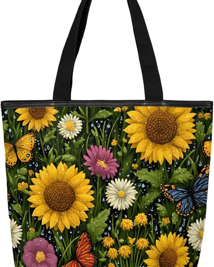 Pardick Canvas Tote Bags, Sunflower Daisy Butterfly Tote Bag Eco Friendly Reusable Grocery Shopping Bagsfor Beach, Books, Women with Zipper Inner Pocket