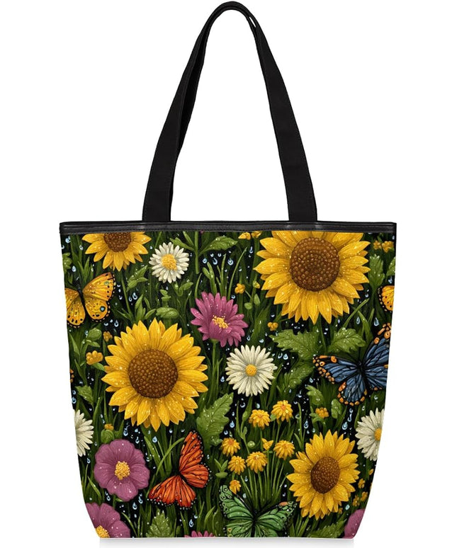 Pardick Canvas Tote Bags, Sunflower Daisy Butterfly Tote Bag Eco Friendly Reusable Grocery Shopping Bagsfor Beach, Books, Women with Zipper Inner Pocket