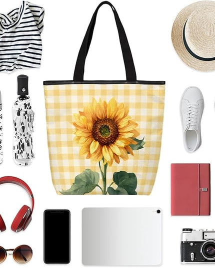 Pardick Canvas Tote Bags, Sunflower Tote Bag Eco Friendly Reusable Grocery Shopping Bagsfor Beach, Books, Women with Zipper Inner Pocket