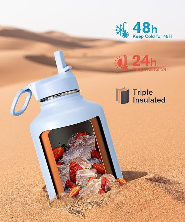 Half Gallon Water Bottle Insulated with Straw & 3 Lids, Coolflask 64 oz Water Jug Large Metal Stainless Steel Wide Mouth for Sports, Gym or Office, Non-BPA Keep Cold 48H Hot 24H, Light Blue