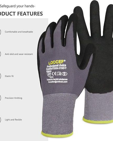 LOCCEF Work Gloves MicroFoam Nitrile Coated-6 Pairs,Seamless Knit Nylon Gloves,Gray Work gloves