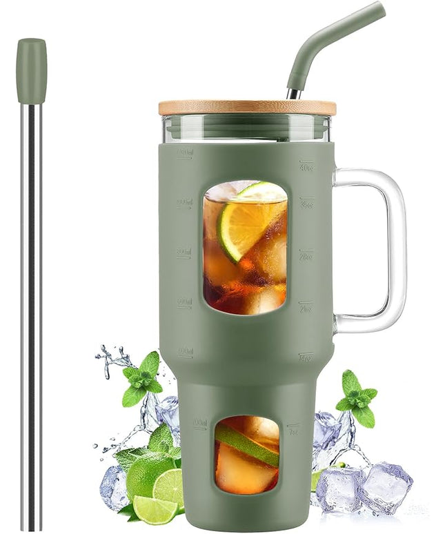 Glass Tumbler with Straw and Lid, 40 oz glass cup with handle, Glass Water Bottles with Time Marker, Silicone Protective Sleeve-Olive