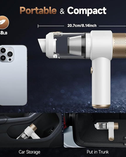 Car Vacuum Cleaner, 16000PA Mini Car Vacuum Cordless Powerful, 7 in 1 Portable Handheld Vacuum Cordless with LED Light, Dual Filters, One-Touch Empty for Pet Hair, Home, Office