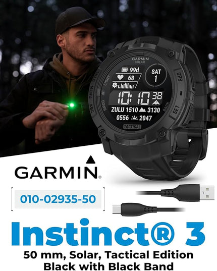 Wearable4U Garmin Instinct 3 Tactical Edition, Solar Charging Display, 50mm, Rugged Outdoor GPS Smartwatch, Applied Ballistics Support, LED Flashlight, Multi-Band GPS White Earbuds Bundle