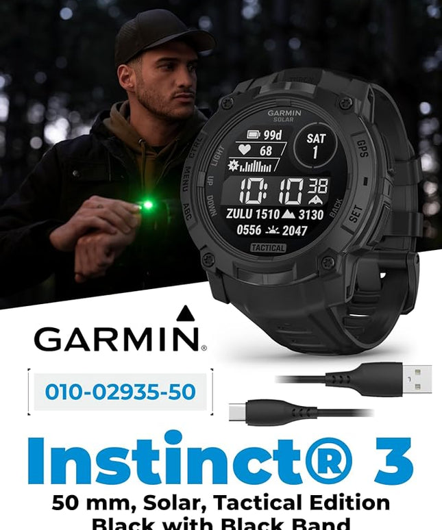 Wearable4U Garmin Instinct 3 Tactical Edition, Solar Charging Display, 50mm, Rugged Outdoor GPS Smartwatch, Applied Ballistics Support, LED Flashlight, Multi-Band GPS White Earbuds Bundle