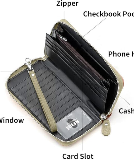 Moflycom Womens Wallet RFID Blocking Genuine Leather Multi Credit Card Large Capacity Zip Around Clutch Travel Purse Wristlet