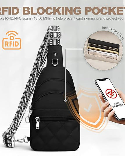 Sling Bag for Women, Anti-Theft RFID Crossbody Bag Nylon Sling Purse for Travel, Puffy Small backpack for Daily Hiking Sports Black