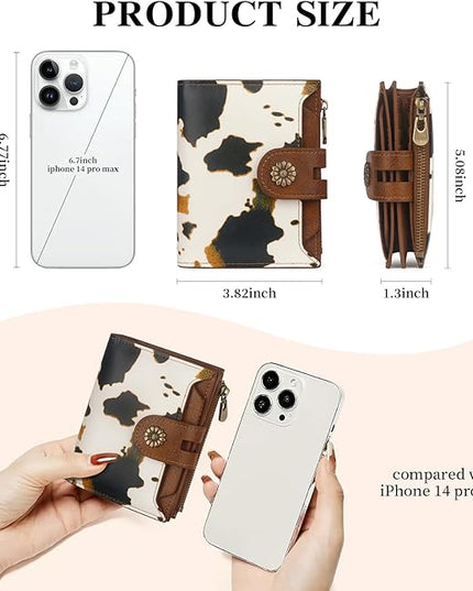 Blucoay Wallet Women,RFID Blocking Leather Womens Wallet Bifold Compact Small Wallet for Women Card Holder with Removable ID Window cowprint brown
