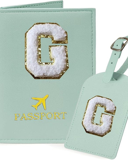 COSHAYSOO Green Initial Passport Cover Holder and Luggage Tag Set TSA Approved with Chenille Letter Patch for Women Teenage Girls, Fashion Travel Bag Backpacks Suitcase Identifier Markers (G)