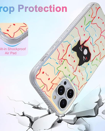 Cute Case for iPhone 13 Pro Max Case for Women Girls Boys [ Compatible with Magsafe ] Iridescent and Black Cats Cat Pattern Design, Kawaii Colorful Animal Soft Bumper Protective Phone Cover