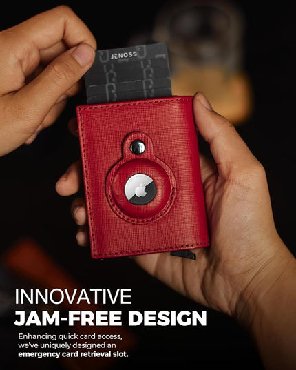 Jenoss Smart AirTag Wallet for Men & Women: Full Grain Leather, Handcrafted, Case Pop Up Case, Slim, RFID Blocking, Credit Card Holder Apple Air Tag Tracker Trifold Minimalist 12 Slot ID (Red&Silver)