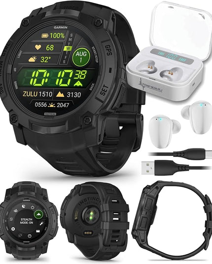 Wearable4U Garmin Instinct 3 Tactical Edition, AMOLED Display, 50mm, Rugged Outdoor GPS Smartwatch, Applied Ballistics Support, LED Flashlight, Multi-Band GPS, 10 ATM White Earbuds Bundle
