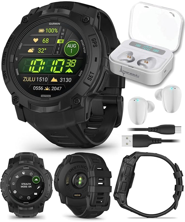 Wearable4U Garmin Instinct 3 Tactical Edition, AMOLED Display, 50mm, Rugged Outdoor GPS Smartwatch, Applied Ballistics Support, LED Flashlight, Multi-Band GPS, 10 ATM White Earbuds Bundle