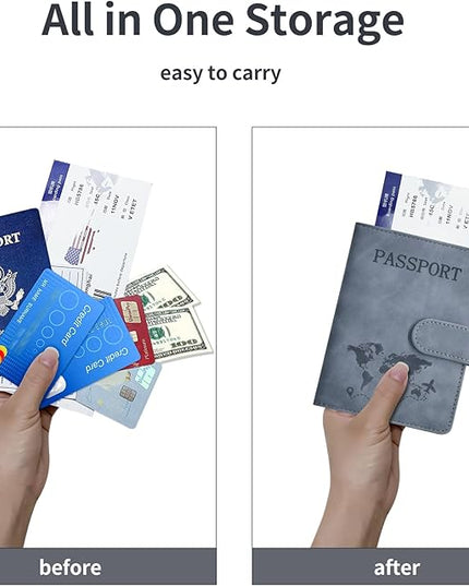 Passport Holder, Passport Cover with Credit Card Slot and Boarding Pass Slot Combo, Passport Wallet Case Book Travel Must Have, RFID Blocking Leather Travel Accessories, Navy Grey