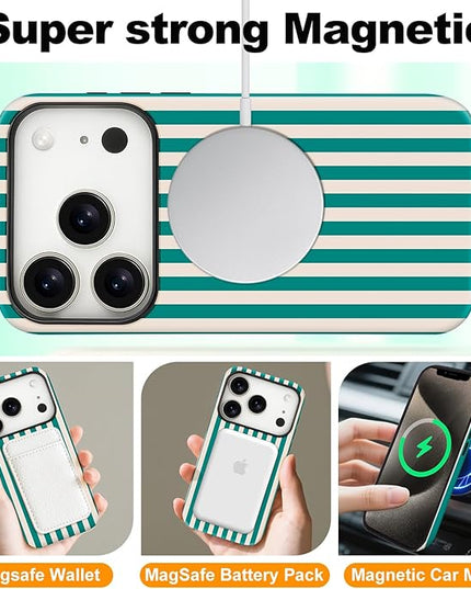 Magnetic for iPhone 17 Pro Max Case Cute Stripes Phone Case, Shockproof Slim TPU and Hard PC Protective Phone Cover Compatible with MagSafe Designed for Women Girls, Emerald Green