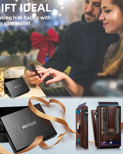 miyozi Airtag Wallet for Men Money Clip 9-Card Pop-Up Credit Card Holder with ID Window RFID Blocking Metal Case Magnetic Closure Front Pocket Wallet Gift Box