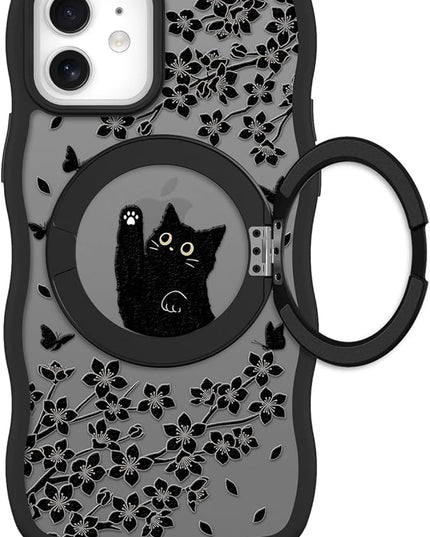 Wavy Case for iPhone 12 Case with Stand [Compatible with MagSafe] Cute Black Cat & Floral & Butterflies Pattern Design, Kawaii 360 Magnetic Ring Kickstand Phone Cover for Women Girls
