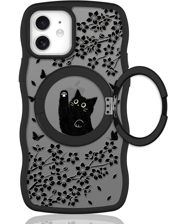 Wavy Case for iPhone 12 Case with Stand [Compatible with MagSafe] Cute Black Cat & Floral & Butterflies Pattern Design, Kawaii 360 Magnetic Ring Kickstand Phone Cover for Women Girls