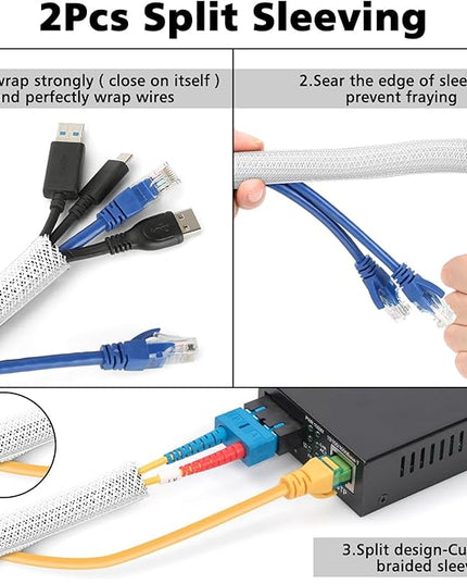 White Cable Management Organizer Kit, 2 Wire Sleeve Protector, 41 Self Adhesive Cable Clips Holder, 10pcs+2 Roll Reusable Cable Ties and 100 Cable Zip Ties for TV Computer Cord Tidy Under Desk