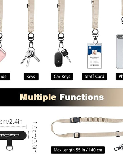 MoKo Universal Phone Lanyard, Nylon Adjustable Cell Phone Crossbody Strap Detachable Women & Men Cellphone Lanyards Around the Neck with Patches for iPhone, Most Smartphones, Light Khaki
