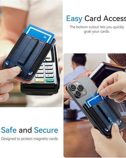 BIAJIYA Phone Wallet Sticky Back with Stand - Holds 6 Cards for iPhone & Samsung, Ultra Thin Leather & Stretch Fabric Card Holder (DeepBlue)