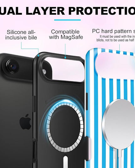 Magnetic for iPhone 17 Air Case Cute Stripes Phone Case, Shockproof Slim TPU and Hard PC Protective Phone Cover Compatible with MagSafe Designed for Women Girls, Deep Blue