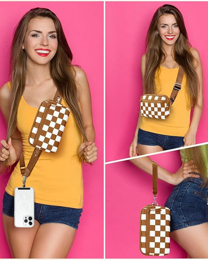 Clip and Go Strap for Phone with Wallet Crossbody, Adjustable Phone Lanyard with Detachable RFID Wristlet Wallet, Phone Strap with Phone Tabs for All Phones, Bronze Checkered (L)