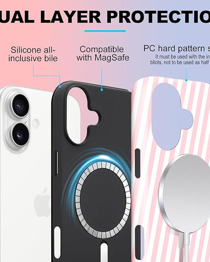 Magnetic for iPhone 16 Case Cute Diagonal Stripes Phone Case, Shockproof Slim TPU and Hard PC Protective Phone Cover Compatible with MagSafe Designed for Women Girls,Pink