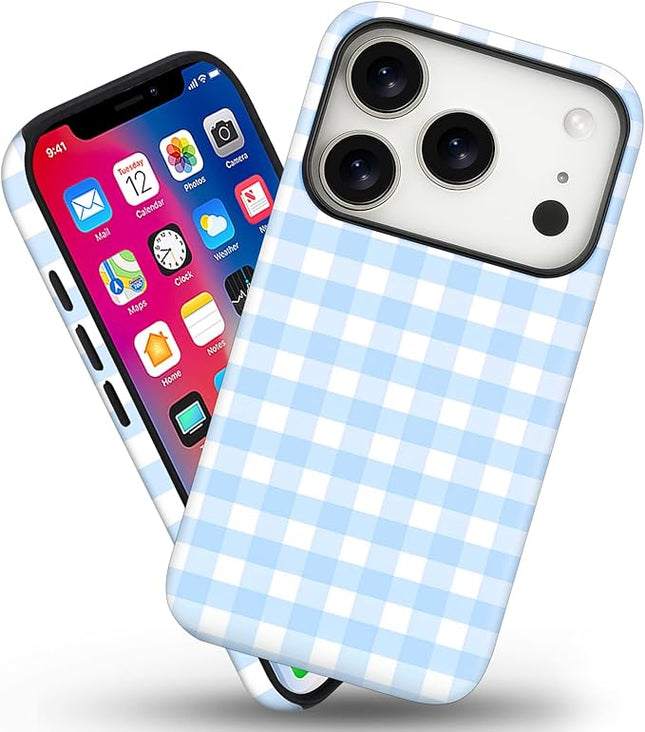 Magnetic for iPhone 17 Pro Max Case Cute Checkered Stripes Phone Case for Women Girls, Shockproof Slim TPU and Hard PC Protective Phone Cover Compatible with MagSafe Designed, Blue