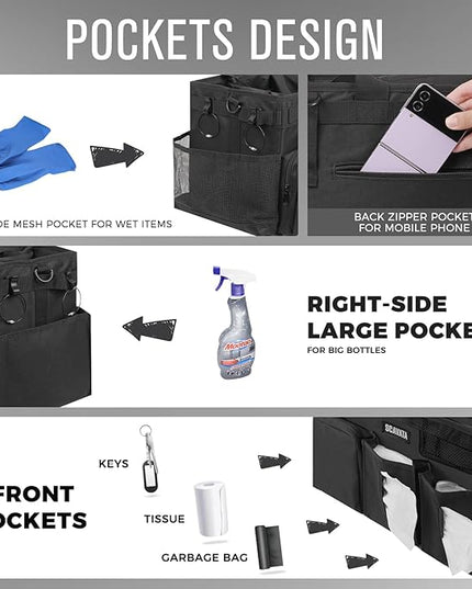 Wearable Cleaning Caddy Bag, Supplies Organizer with Handle & Shoulder Straps for Housekeepers, Under Sink & Car Cleaning Tool Organizer with 4 Foldable Dividers (Black)