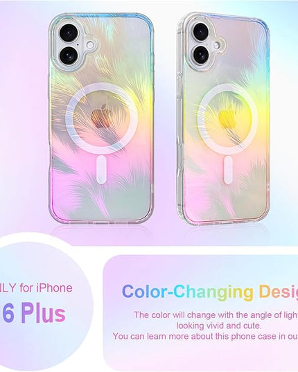 Glitter Case for iPhone 16 Plus Case for Women Girls [ Compatible with Magsafe ] Clear Cute Aesthetic Girly Iridescent Feather Sparkly Bling Magnetic Phone Cover, Gradient Blue & Pink
