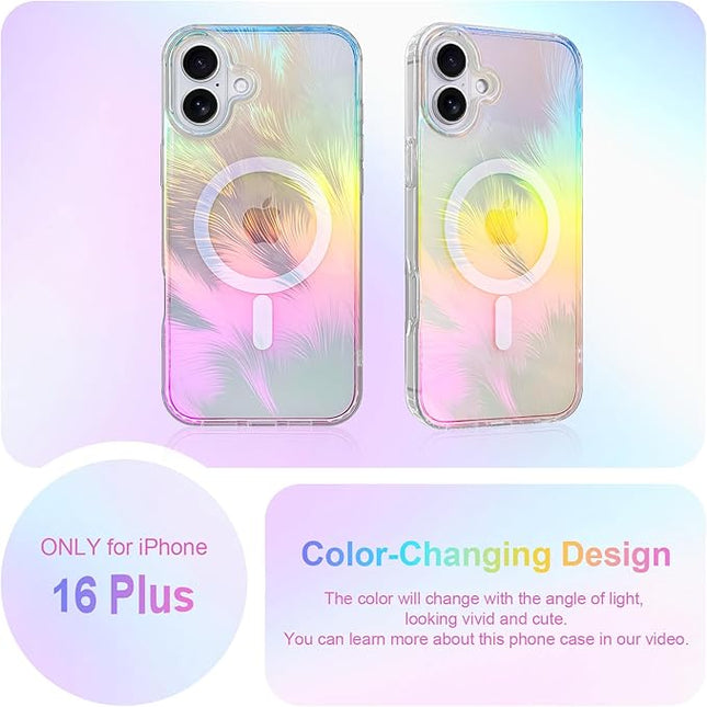 Glitter Case for iPhone 16 Plus Case for Women Girls [ Compatible with Magsafe ] Clear Cute Aesthetic Girly Iridescent Feather Sparkly Bling Magnetic Phone Cover, Gradient Blue & Pink