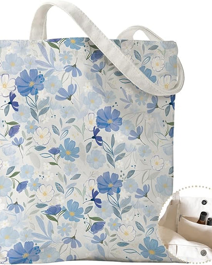 Aesthetic Canvas Tote Bag with Zipper Pockets & Snaps for Women,Reusable Shopping Grocery Bags Gifts -Work, Gym