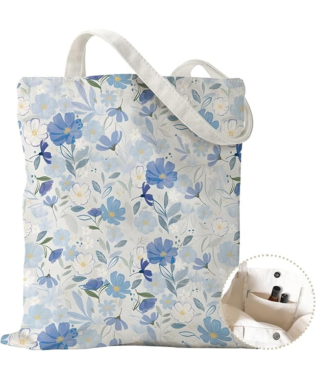 Aesthetic Canvas Tote Bag with Zipper Pockets & Snaps for Women,Reusable Shopping Grocery Bags Gifts -Work, Gym