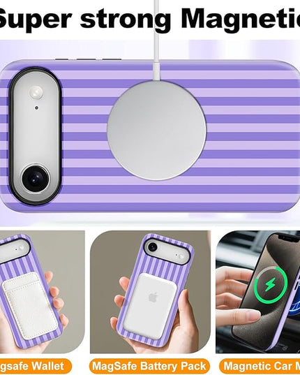 Magnetic for iPhone 17 Air Case Cute Stripes Phone Case, Shockproof Slim TPU and Hard PC Protective Phone Cover Compatible with MagSafe Designed for Women Girls, Light Purple