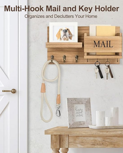Lwenki Mail Organizer for Wall Mount – Key Holder with Shelf Includes Letter Holder and Hooks for Hallway Farmhouse Decor – Rustic Wood with Flush Mounting Hardware (16.5” x 9.1” x 3.4”) (Wood)