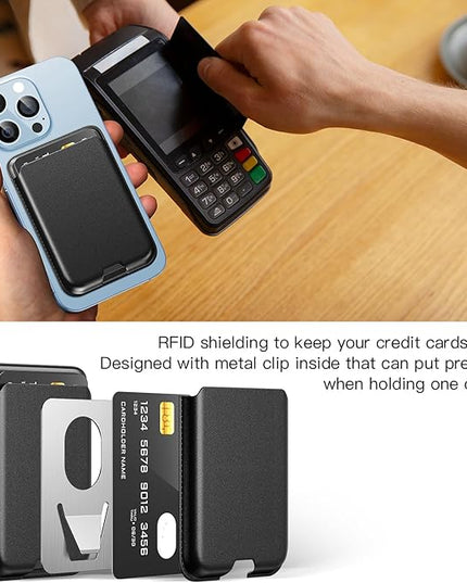 Phone Card Holder, Premium Leather Wallet Stick on, Adhesive Credit Card Holder for Case, Sticky Wallet for Back of Cover, Android Cell Phone, iPhone, Fit 4 Cards, Dark Black