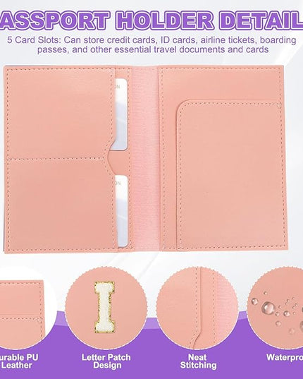 PATIKIL Passport Holder for Travel, Initial Passport Cover and Luggage Tag Set with Alphabet Chenille Letter Patch Travel Wallet Bag Suitcase Identifier for Women Family Travel Pink I