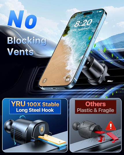YRU [Truely Upgrade & Patent] Car Phone Holder for Magsafe [98+LBS Strongest Suction & Enhanced Magnetic] Dashboard Car Mount Windshield Vent Phone Stand for iPhone 17/16/15/14/13/12 Pro Max, Black