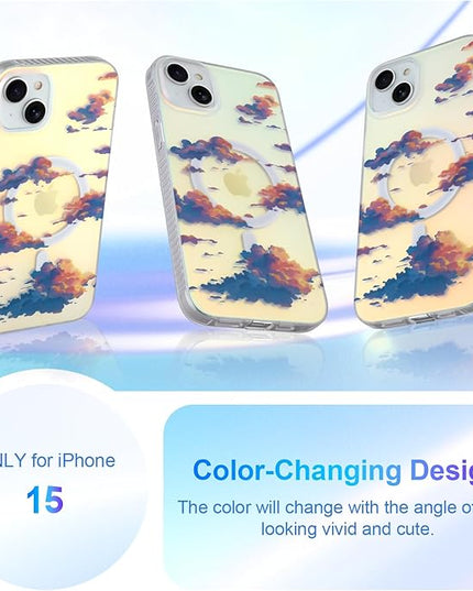 Cute Case for iPhone 15 Case for Women Girls [ Compatible with Magsafe ] Aesthetic Cloud Pattern Design, Girly Glitter Sparkly Bling Protective Phone Cover, Iridescent Sun Set Sky