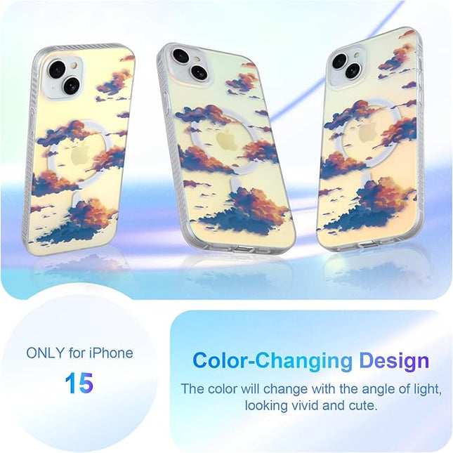 Cute Case for iPhone 15 Case for Women Girls [ Compatible with Magsafe ] Aesthetic Cloud Pattern Design, Girly Glitter Sparkly Bling Protective Phone Cover, Iridescent Sun Set Sky