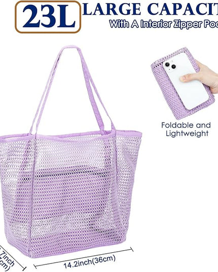 Mesh Beach Bag, Large Beach Tote with Zipper Pocket, Toys Pool Bag for Family Travel Vacation Cruise Essentials
