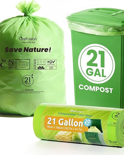 GreFusion Compostable Trash Bags 21 gallon,20 Count,Extra Thick 1.28 Mills,Fits13-25 gallon trash can, Extra Strong and thick,Compostable Lawn & Leaf Yard Waste bags,ASTM D6400,Bpi Certified