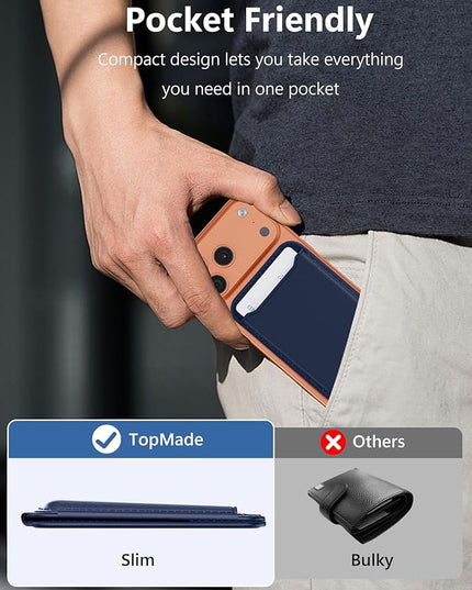 TopMade for Magsafe Wallet, Magnetic Card Holder for iPhone 17/16/15/14/13/12 Series, Leather Strongest Magnetic Phone Wallet Stand Adjustable, 5 Cards Holder, RFID Blocking, ID Window, Navy Blue